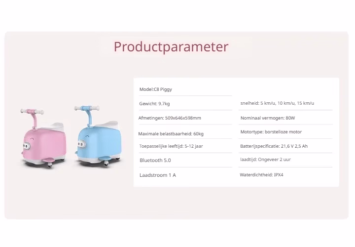 Rictor C2 Piggy Elektrische Kinderscooter – 5-Wiel Anti-Val Mechanisme – Opvouwbaar – Bellen & Muziek Module – App Ouderbediening – Verstelbare LED Licht – 60kg – 5-12 jaar - Roze - Afbeelding 14